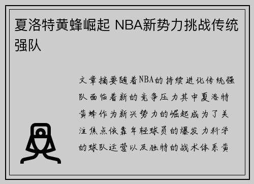 夏洛特黄蜂崛起 NBA新势力挑战传统强队